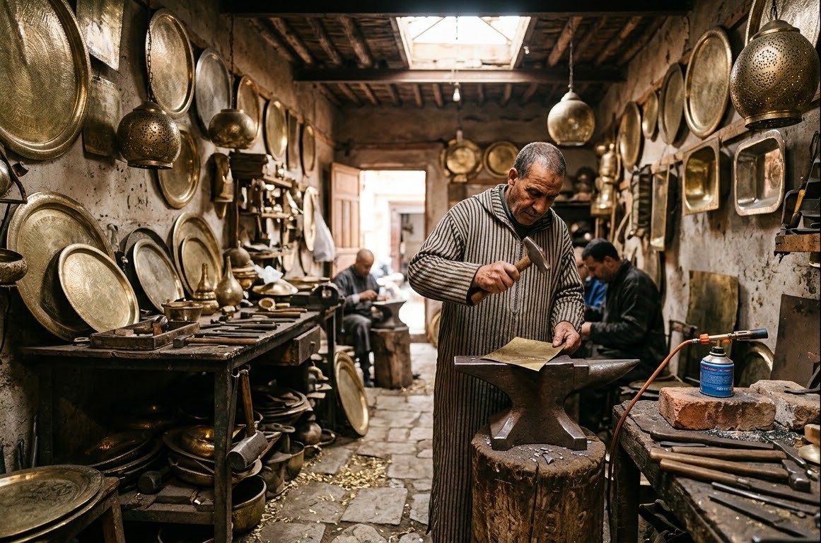 Two Moroccan artisans hammering brass plates in a Marrakech workshop
