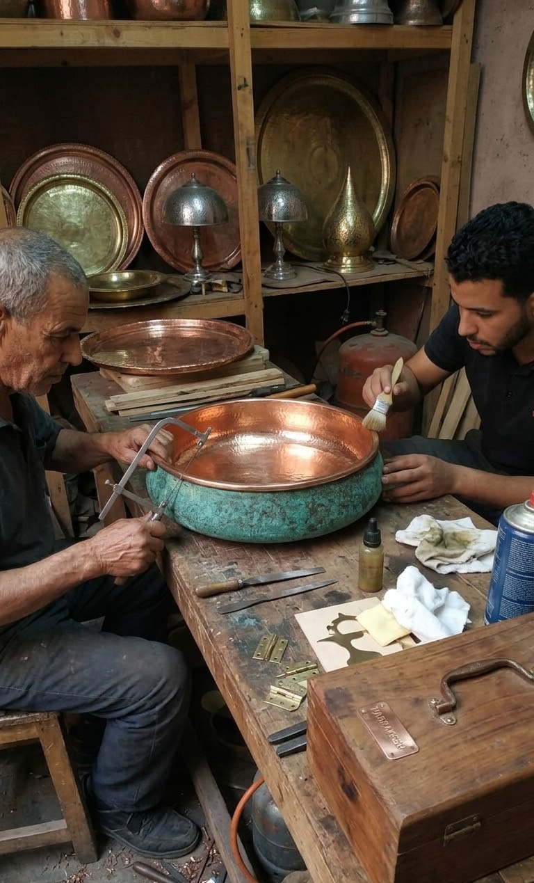 Artisan finishing a hammered copper basin