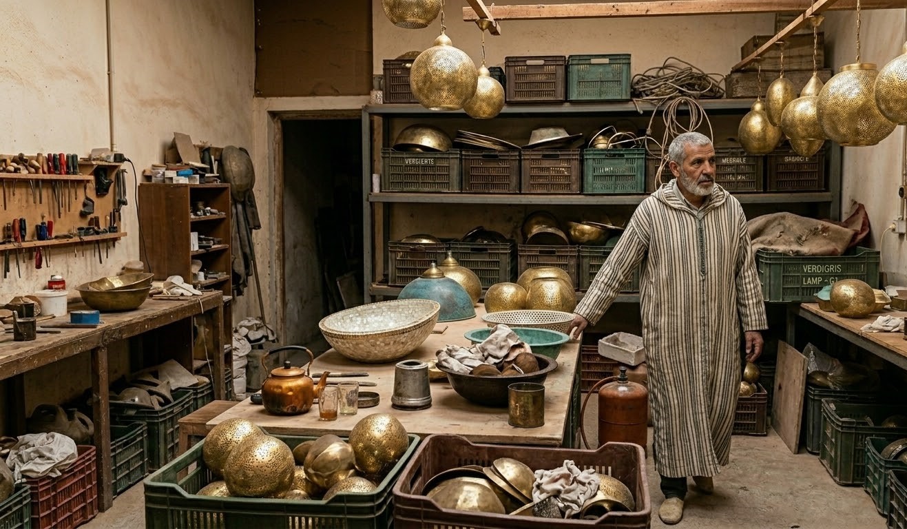 Moroccan artisan in a Marrakech workshop surrounded by handcrafted brass lanterns and copper bowls