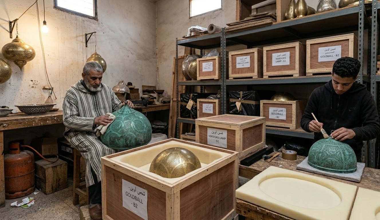 Crates labelled Goldball and Verdigris Lamp ready to ship
