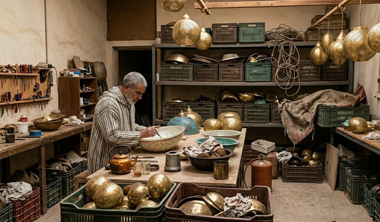 Inside the souk — selecting brass from family ateliers.